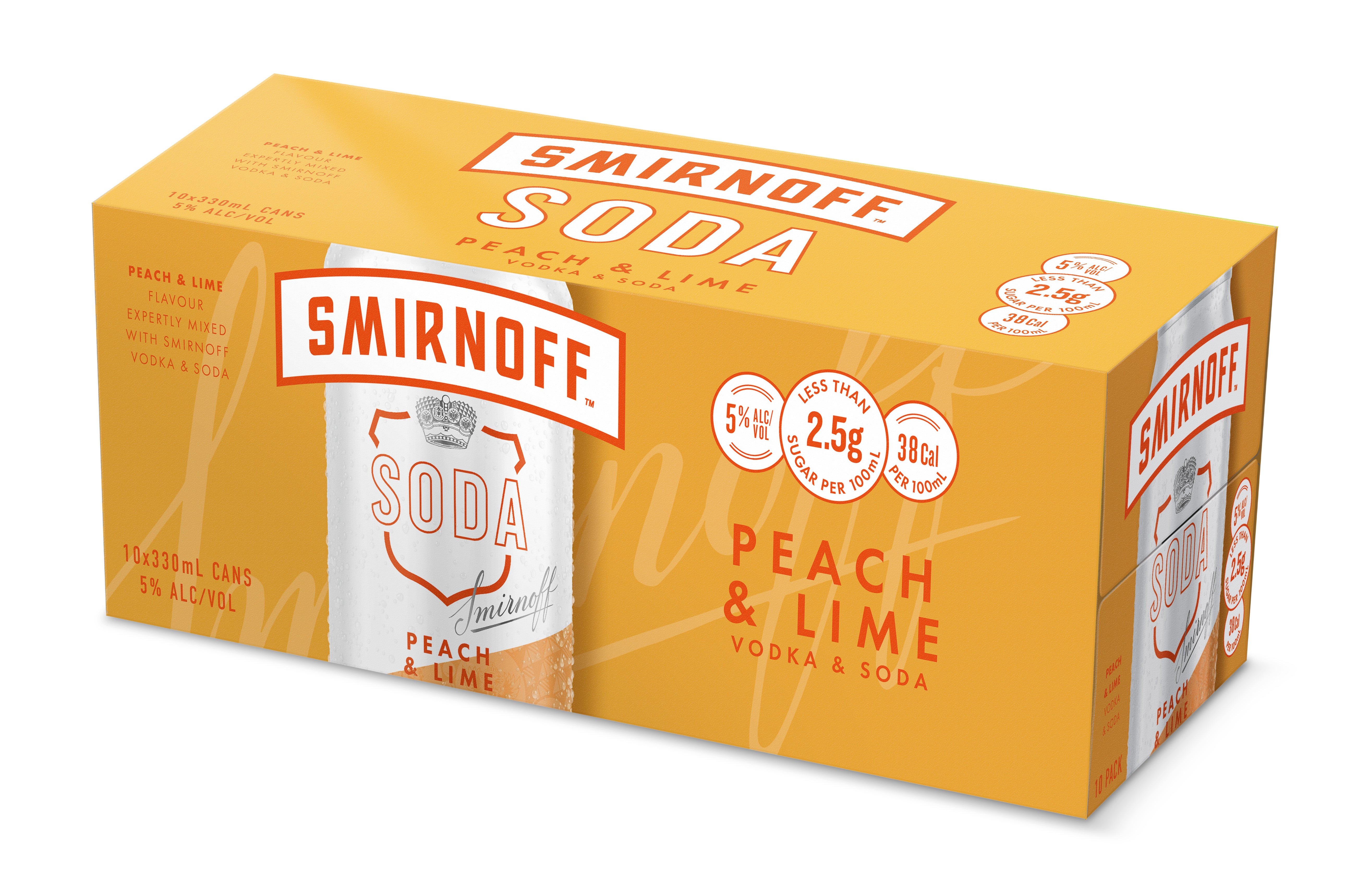 Smirnoff Soda Vodka Peach & Lime 5% 10 Pack Cans 330ml